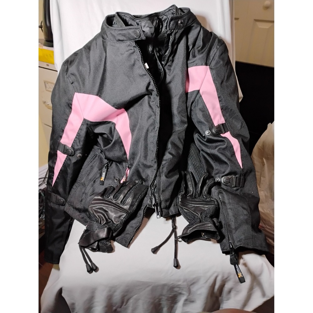 Xelement Womens Black Pink Armored Motorcycle Jacket with Zip Out Liner & Gloves